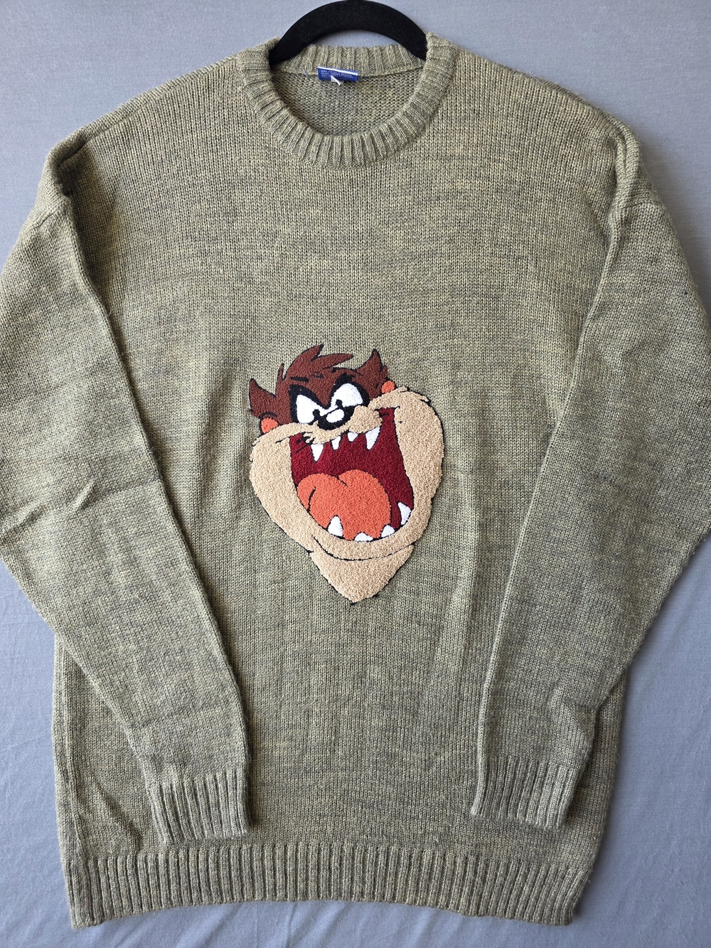 Men's Olive Green Crewneck Sweater with Tazmanian Devil Motif